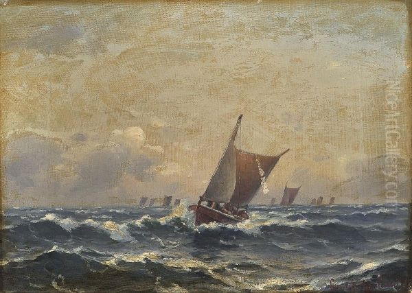 Seilbater I Rom Sjo Oil Painting by Lars Laurits Larsen Haaland