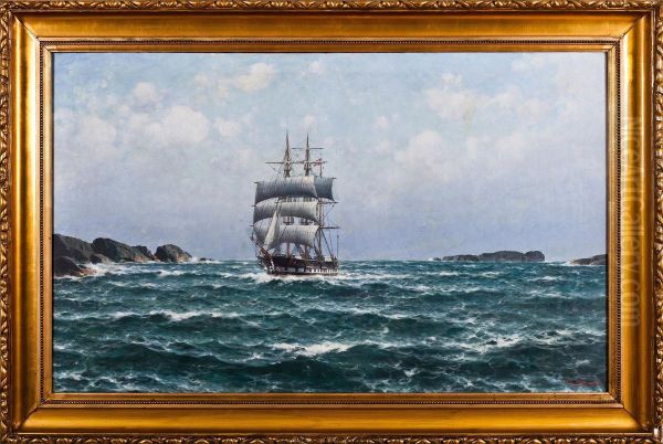 Ship By Cliff Coast Oil Painting by Lars Laurits Larsen Haaland