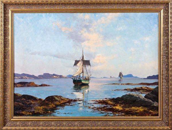 Ship At Harbour Near The Open Sea Oil Painting by Lars Laurits Larsen Haaland