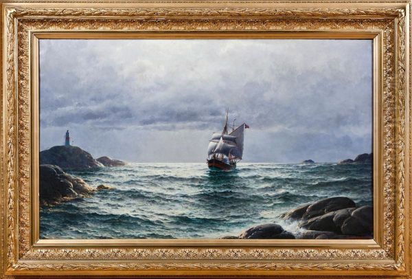 Ship Between Cliffs Oil Painting by Lars Laurits Larsen Haaland