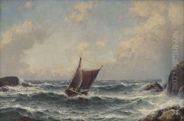 Losskoyte Mellom Klipper Oil Painting by Lars Laurits Larsen Haaland