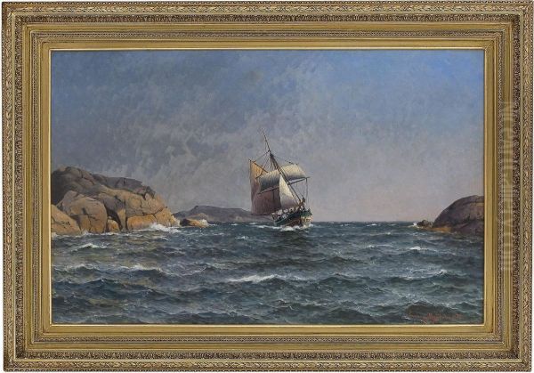 Seilskute Ved Klippekyst Oil Painting by Lars Laurits Larsen Haaland