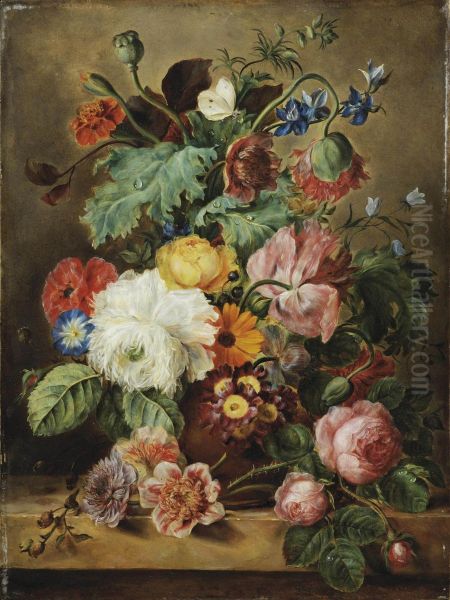 Roses, Poppies, Marigolds And Other Flowers In A Earthenware Vase Oil Painting by Adriana-Johanna Haanen