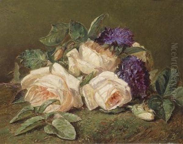 Roses And Violets Oil Painting by Adriana-Johanna Haanen