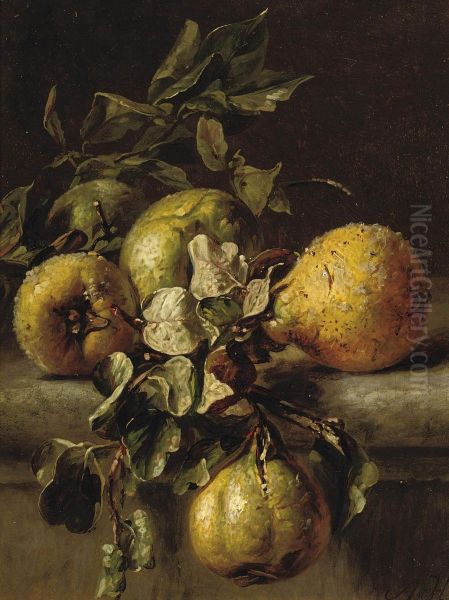 A Branch Of Quinces On A Ledge Oil Painting by Adriana-Johanna Haanen