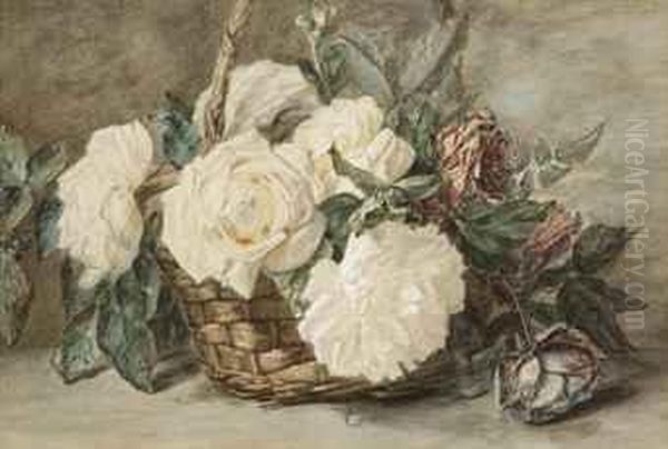 Roses In A Basket Oil Painting by Adriana-Johanna Haanen