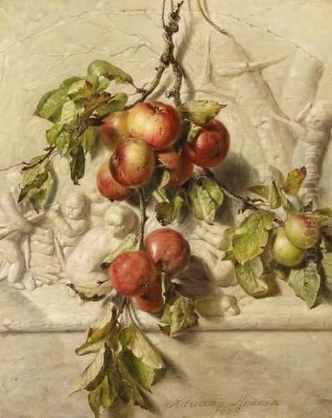 Still Life With Apples In Front Of A Relief Oil Painting by Adriana-Johanna Haanen