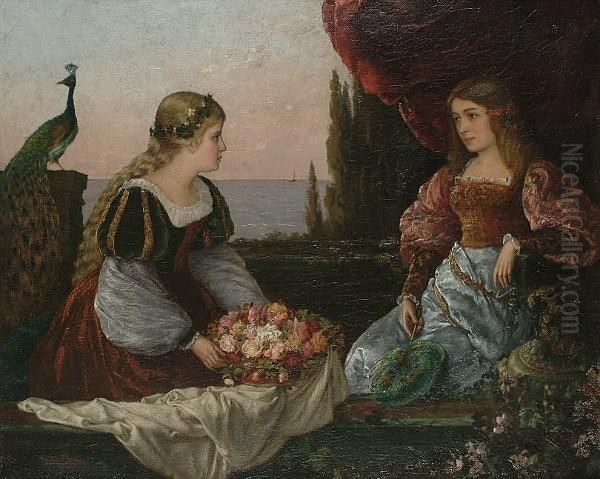 Two Beautiful Girls On A Terrace By The Sea Oil Painting by Gaston Haas