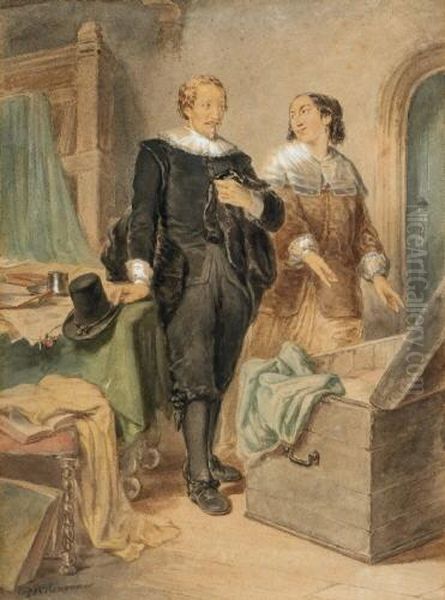 Mann Und Frau In Niederlandischer Tracht Vor Einer Truhe Oil Painting by Pieter Alardus Haaxman