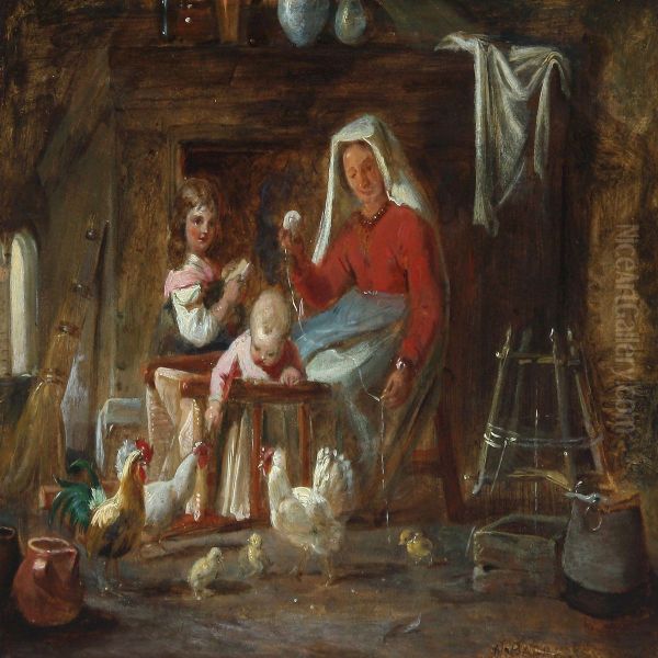 Interior With Italianwoman And Children Playing With Chickens Oil Painting by Nikolai Habbe