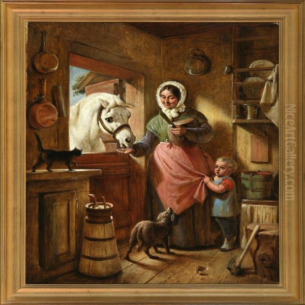 Scullery With Mother And Child Feeding A Horse Oil Painting by Nikolai Habbe