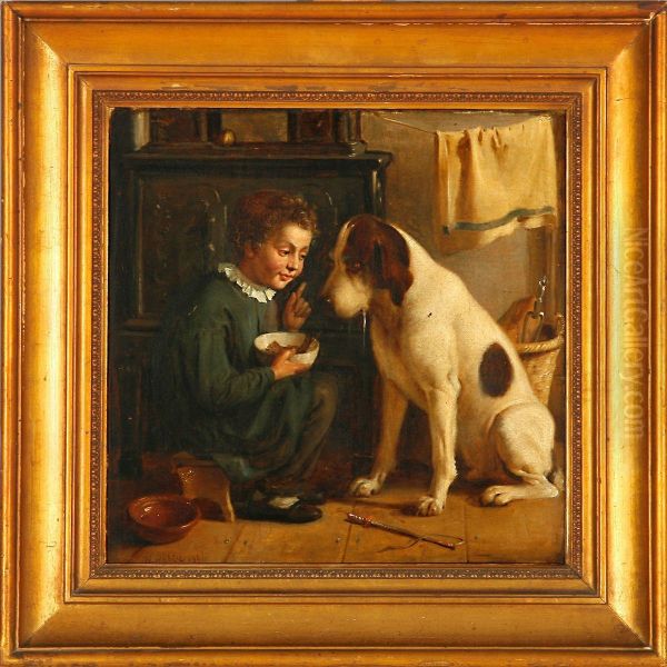 Kitchen Interior With Alittle Boy And His Dog Oil Painting by Nikolai Habbe