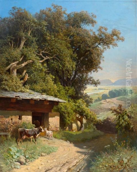 Summer Landscape With Cow Shed And Animals Oil Painting by Sebastian Habenschaden