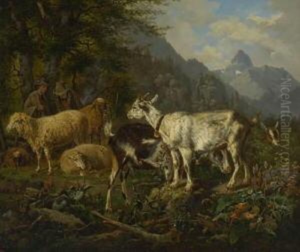 Hirten Mit Ziegen Und Schafen In
 Gebirgslandschaft. Oil Painting by Sebastian Habenschaden