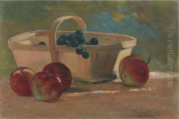 Basket Of Purple Grapes With Four Apples Oil Painting by John Haberle