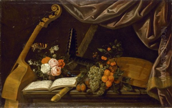 Fleurs, Fruits Et Instruments De Musique Sur Un Entablement Enpierre Oil Painting by Francois Habert