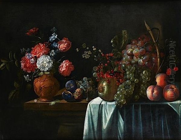 Nature Morte De Fleurs Et De Fruits Sur Un Entablement Oil Painting by Francois Habert