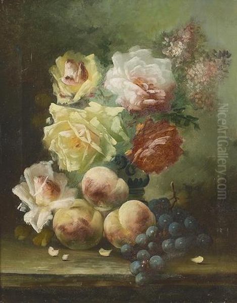 Bouquet De Roses Avec Peches Et Raisins. Oil Painting by R. Habert