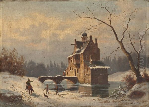 Wasserburg In Winterlandschaft Oil Painting by P. Habicht