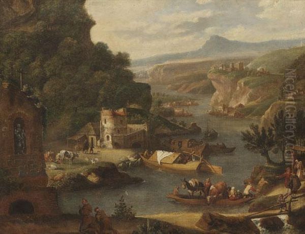 Flusslandschaft Mit Hirten, Vieh Und Schiffen Oil Painting by Jan Hackaert