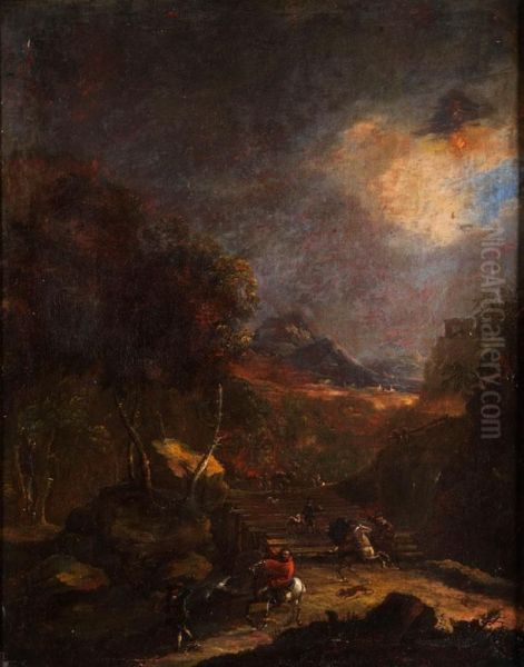 Nachtliche, Sturmische Landschaft Mit Jagdreitern Oil Painting by Jan Hackaert