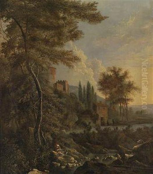 Southern Mountain Landscape With A Fortresson A Hill Oil Painting by Jan Hackaert