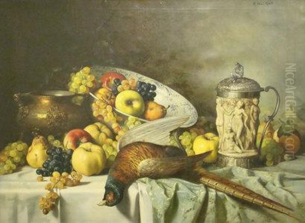 Magnificent Still Life Of Table Set With Festive Fare, Fruit In A Large Ceramic Bowl, Grapes, Game And A Carved Stein Wine Tankard With Classical Motif To The Right Oil Painting by Adolf Hacker