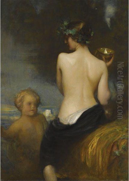 A Nude Bacchante With A Child Faun Oil Painting by Arthur Hacker