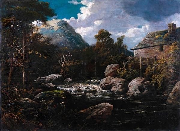 A Mill By A Stream In An Upland Landscape Oil Painting by Edward Hacker