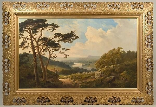 An Extensive Landscape Over A River Valley Oil Painting by Edward Hacker