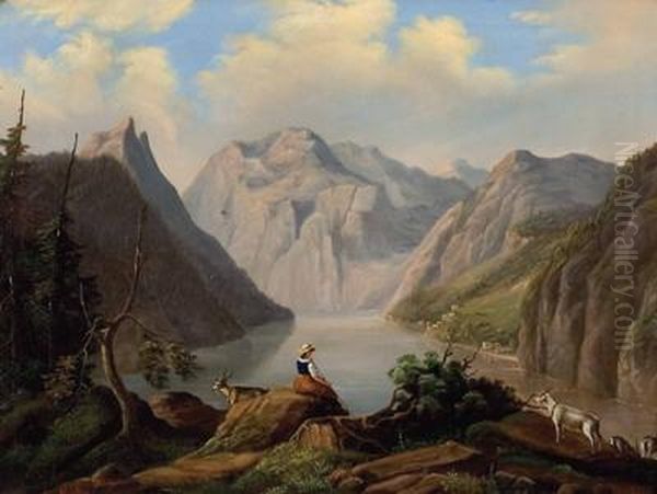 Blick Uber Den Konigssee Mit Ziegenhirtin Im Vordergrund Oil Painting by Horst Hacker