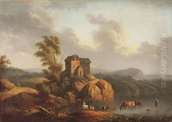 A Mountainous Landscape With A Farmstead On A Rock Near A Lake Oil Painting by Jacob Philipp Hackert