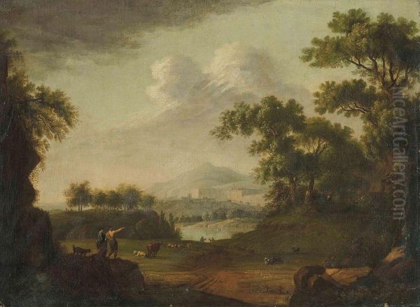 A Wooded River Landscape With A Drover And His Cattle, A Fortified Town Beyond Oil Painting by Jacob Philipp Hackert