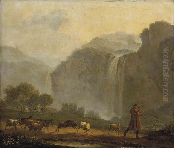 A Mountainous Landscape With A Shepherd And His Flock On A Track Before A Waterfall Oil Painting by Jacob Philipp Hackert