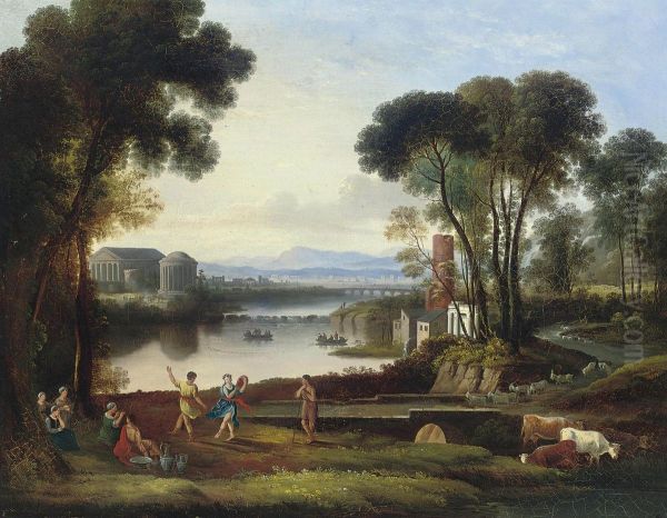 An Italianate Landscape With Classical Figures Dancing Beside A Lake Oil Painting by Jacob Philipp Hackert