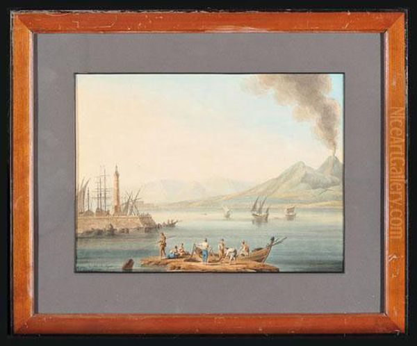 Pescatori Nel Golfo Di Napoli, Con Molo E Il Vesuvio Sullo Sfondo Oil Painting by Johann Gottlieb Hackert