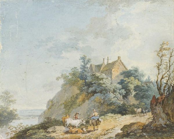 Paysans Avec Un Troupeau De Vaches Sur Un Chemin Oil Painting by Johann Gottlieb Hackert