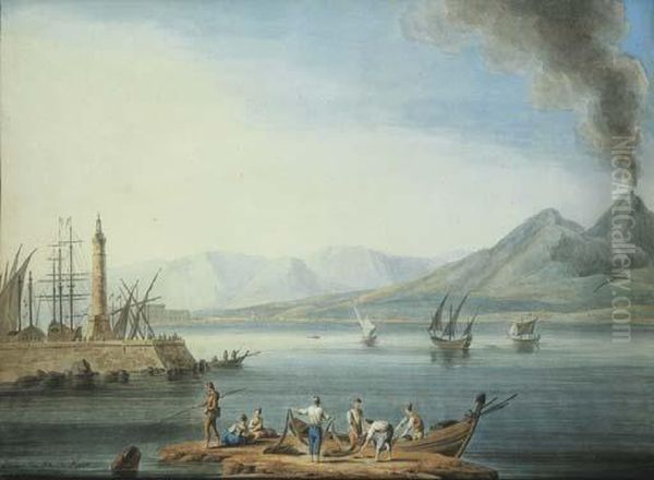 Pescatori Al Golfo Di Napoli, Con Il Molo E Il Vesuvio Sullosfondo Oil Painting by Johann Gottlieb Hackert