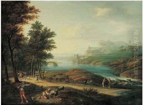 Paysage Fluvial Anime De Personnages Oil Painting by Johann Gottlieb Hackert