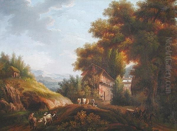 Paesaggio Con Armenti, Pastori E Casolare Oil Painting by Johann Gottlieb Hackert