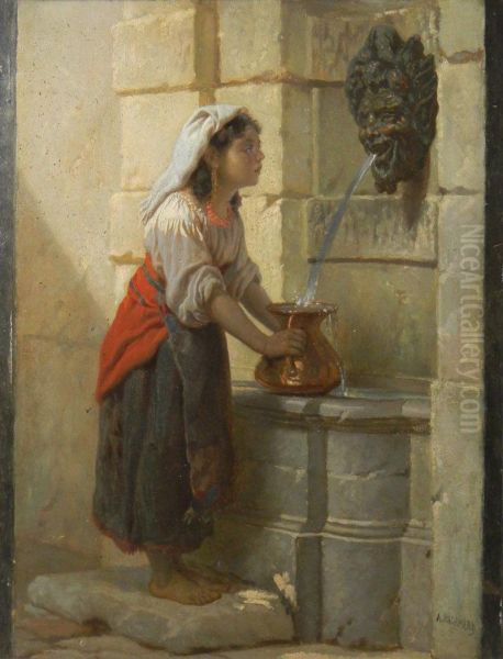 Girl At A Well Oil Painting by Auguste Hadamard