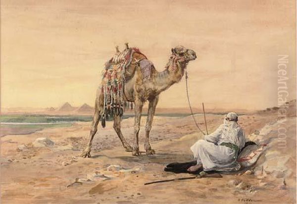 A Bedouin And His Camel Resting Before Going Down To The Gates Ofcairo Oil Painting by Nellie Hadden