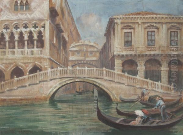 Venetian Canal Scene With Gondoliers Oil Painting by Arthur Trevor Haddon