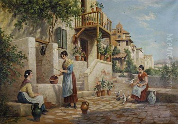 A Spanish Courtyard Oil Painting by Arthur Trevor Haddon