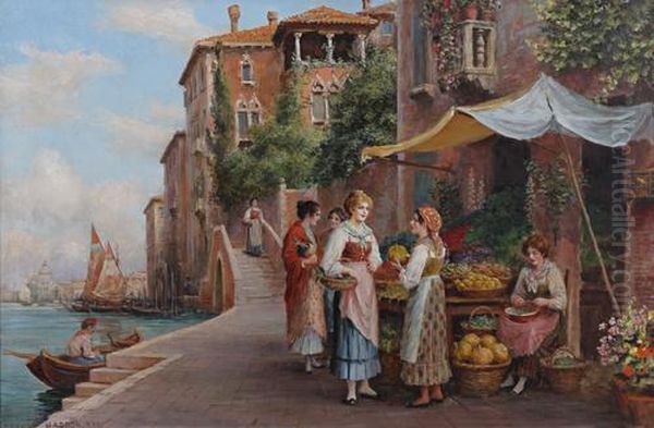 Fruit And Flower Sellers On A Venetian Canalside Oil Painting by Arthur Trevor Haddon