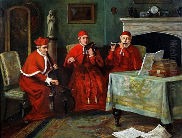 Cardinals In An Interior Playing Musical Instruments Oil Painting by David W. Haddon