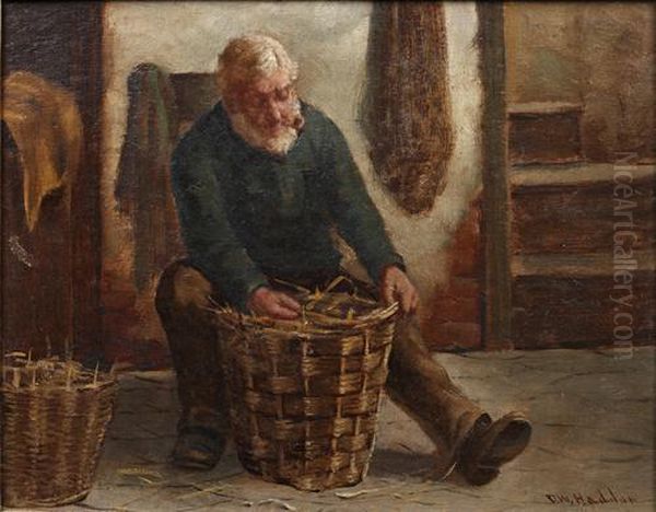 An Old Lady Darning Oil Painting by David W. Haddon