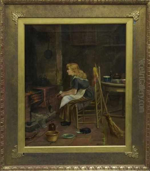 Study Of A Young Girl Seated Beside A Kitchen Fire With Her Cat Beside Oil Painting by David W. Haddon