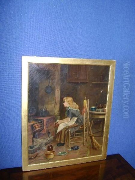 Woman In A Kitchen Interior Oil Painting by David W. Haddon