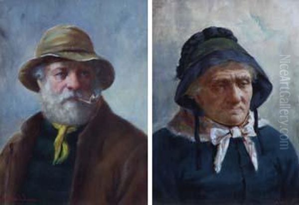 Portraits Of A Fisherman And His Wife Oil Painting by David W. Haddon